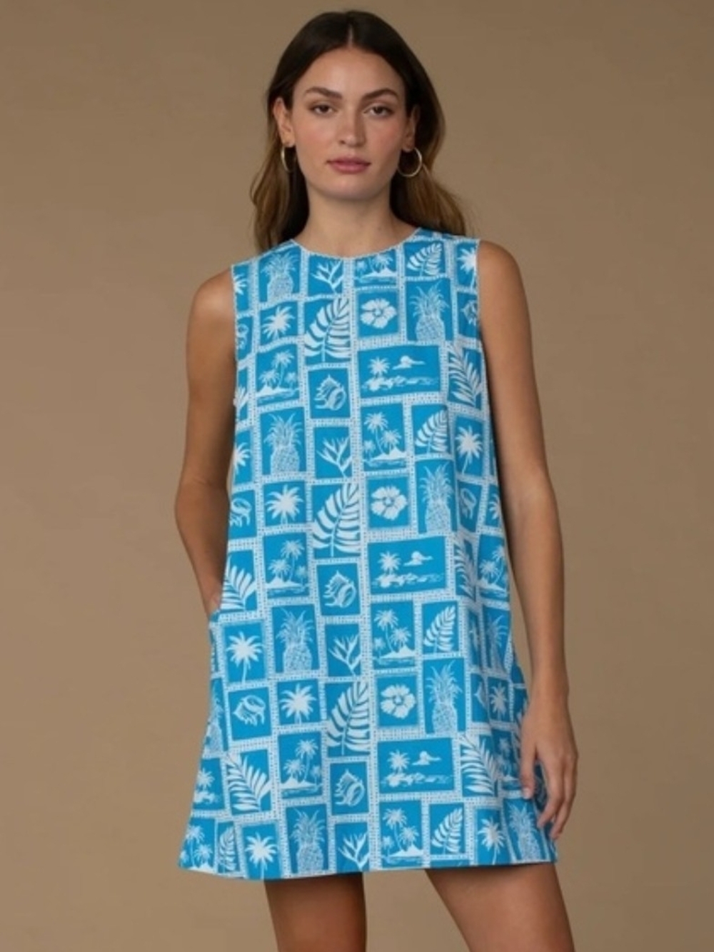 NWT Elizabeth James Ellie Sleeveless Blue Postcard Print Shift Dress Sz M